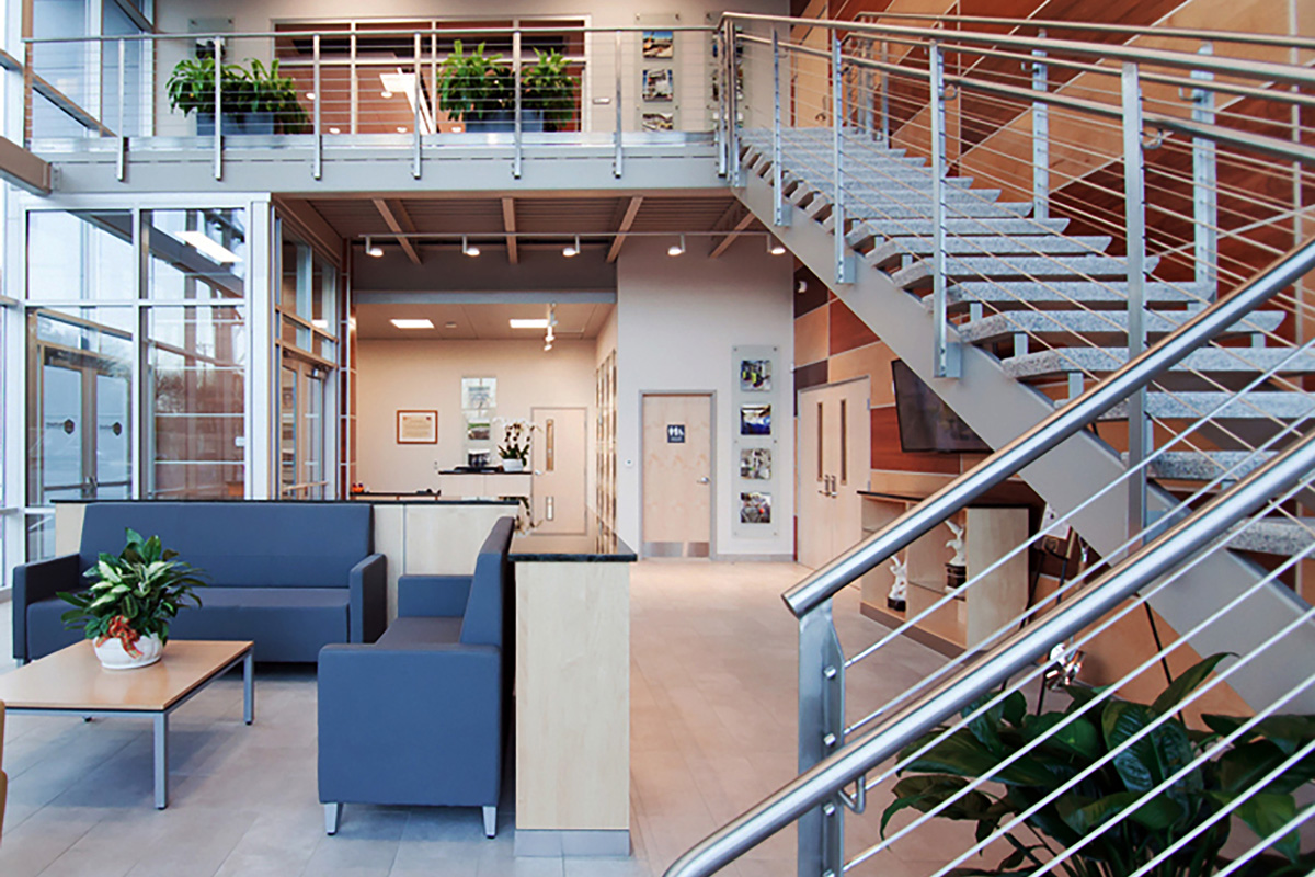 Main lobby with ornamental staircase created by Summit Metal Fabricators