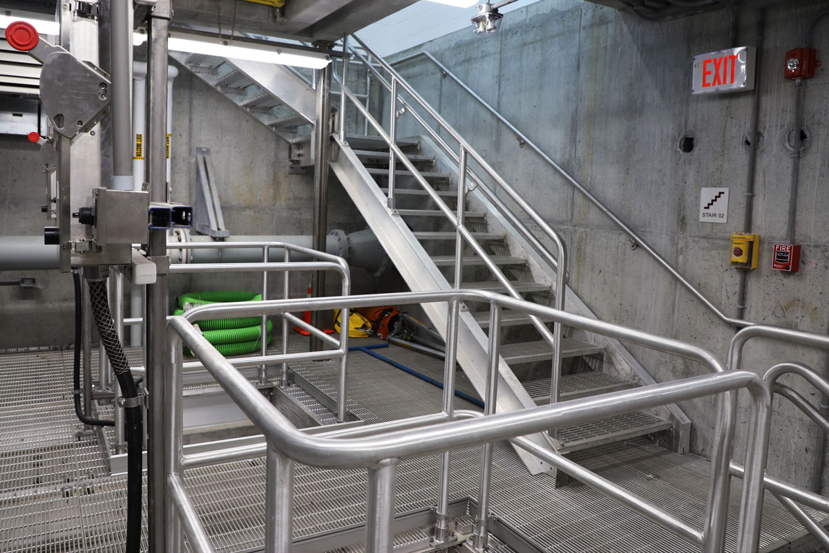 Aluminum stairs, railings, and gratings at the drywell mezzanine