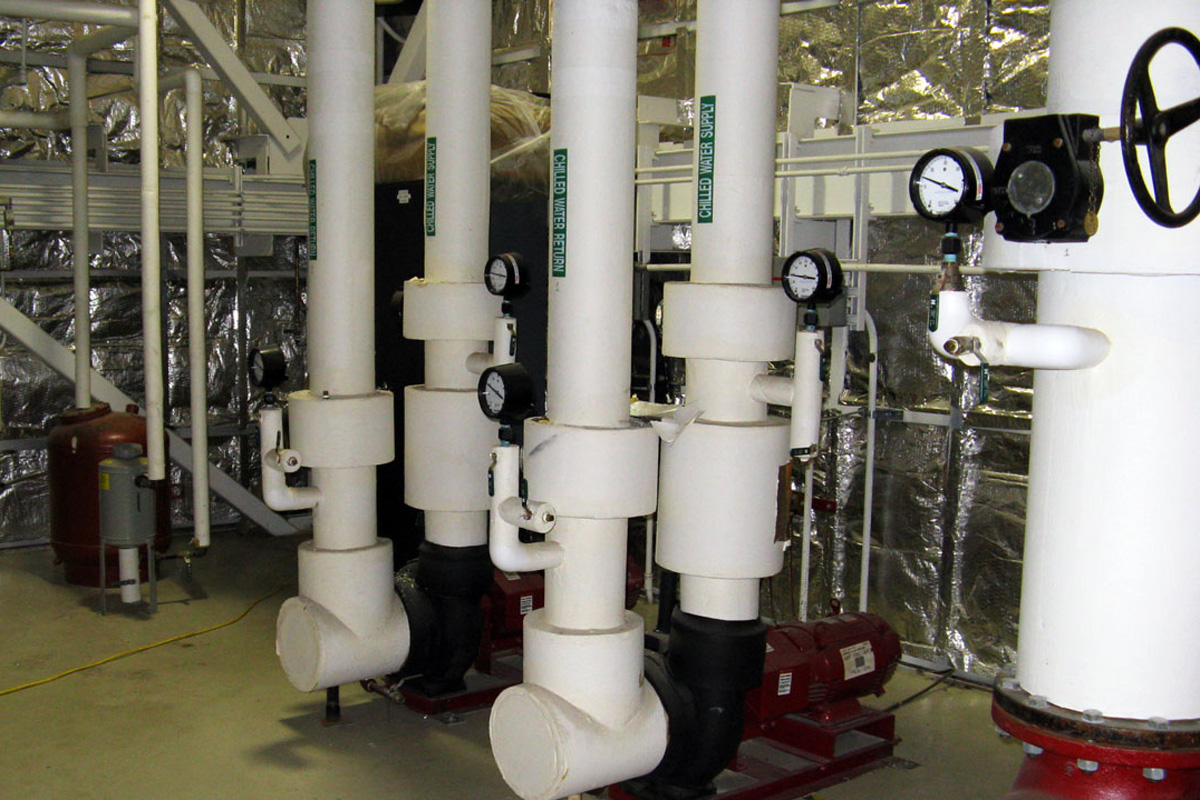 Piping that connects to the 14 ton chiller node at the CHP facility