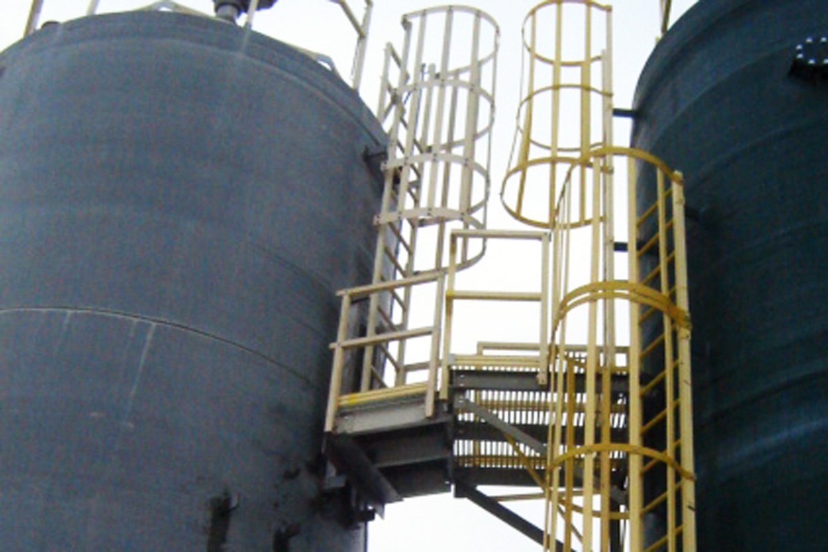 Catwalk between two of the brewery's digesters